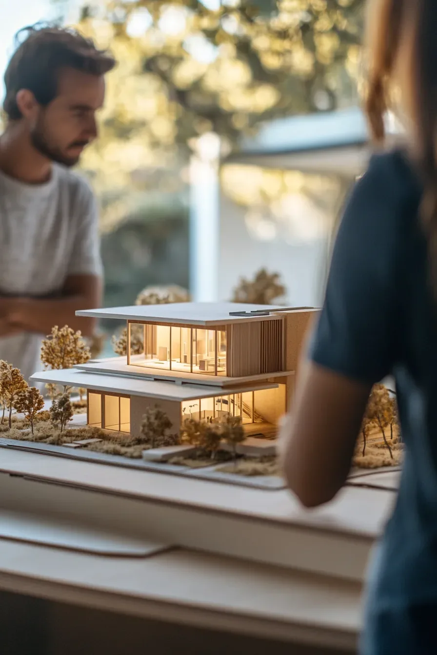 Architect and homeowner reviewing a scale model of a new home during a consultation