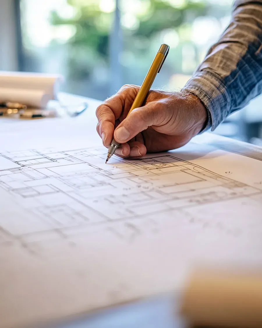 Architect drawing custom home plans on blueprints