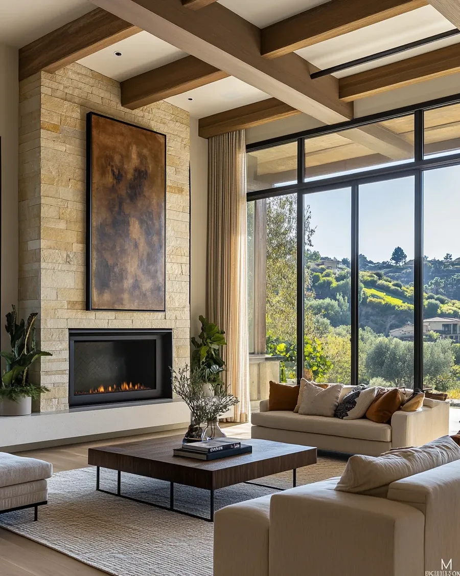 Living room with fireplace in a Burbank family home refresh
